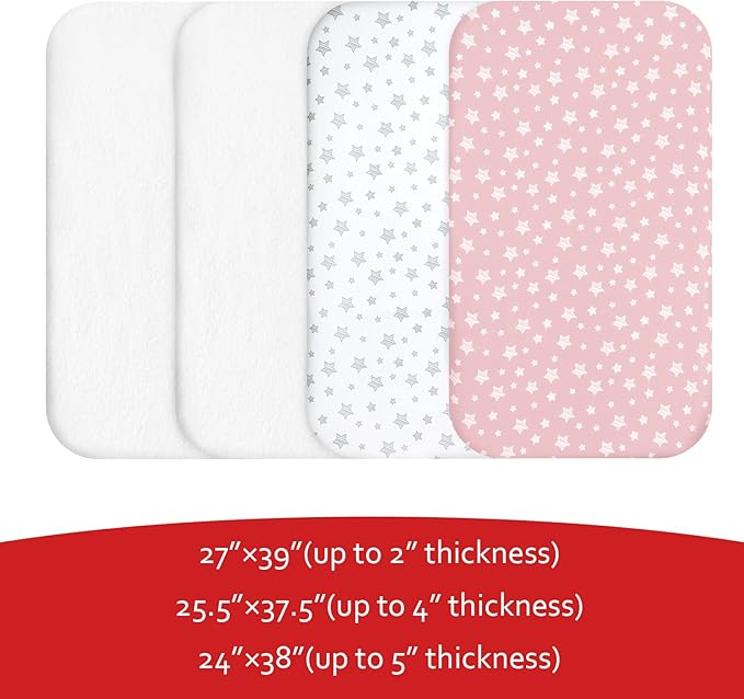 Pack and Play Sheets & Waterproof Terry Pack N Play Mattress Protector Pad Cover 4 Pack, Viscose Terry Pack N Play Sheets Set, Grey & Pink
