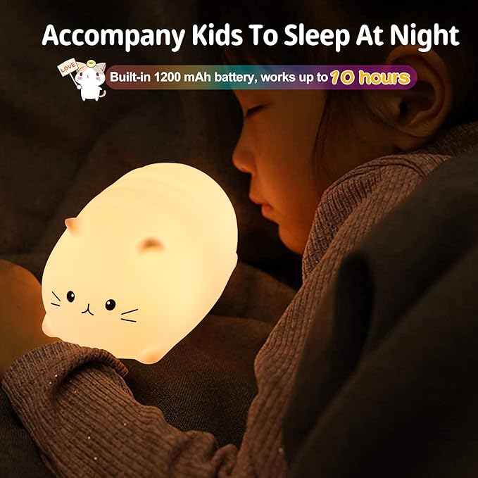 ZKLiLi Night Light, Cute Cat Nursery Lights USB Rechargeable Cat Lamp Nightlight Birthday Christmas Gift with Warm White and 7-Color Breathing Modes for Kids Baby Children (MBcat)