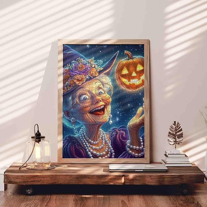 Joyful Grandma Witch with Glowing Pumpkin 1000 Piece Jigsaw Puzzle for Adults Students 20×27 Inches Halloween Starry Sky Happy Elderly Woman Magical Night Home Decor Puzzle Fun Gift for Fall