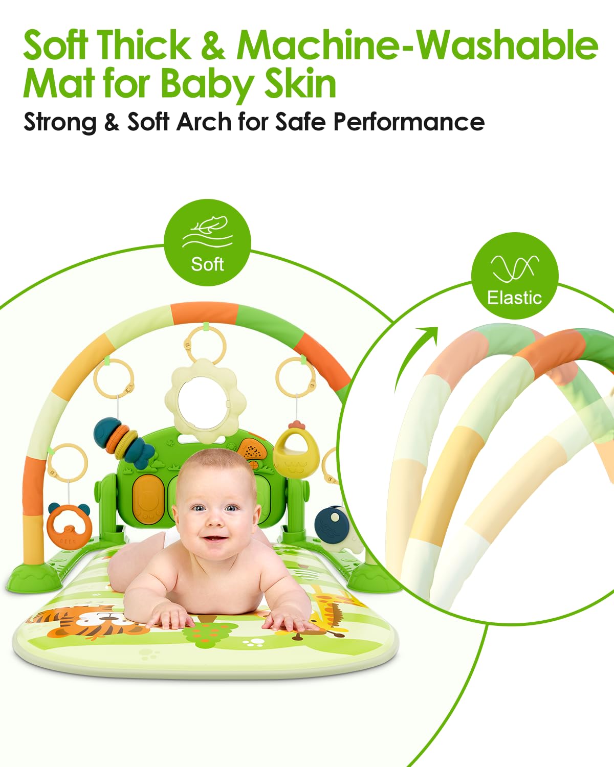 Dearlomum Baby Play Mat & Gym, Funny Piano Tummy Time Activity Mat with 5 Sensory Toys, Music & Lights - Boy & Girl Gifts (0-12 Months, Green)