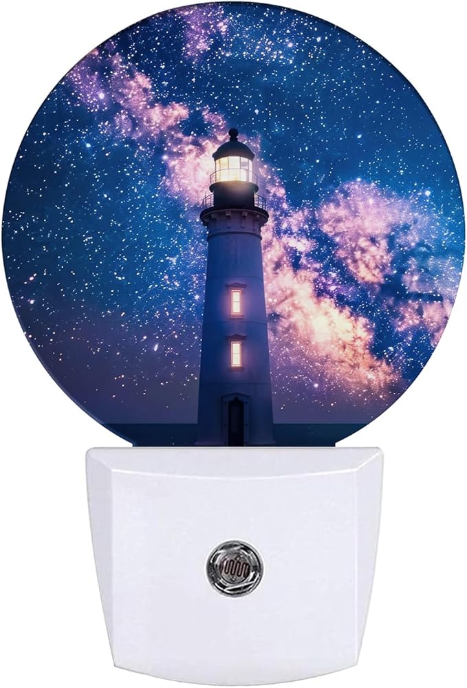 Nautical Lighthouse Night Light Starry Sky Night Lights LED Lamp Round Plug into Wall Nightlight with Dusk to Dawn Sensor Home Hallway Stairway Kitchen Decor