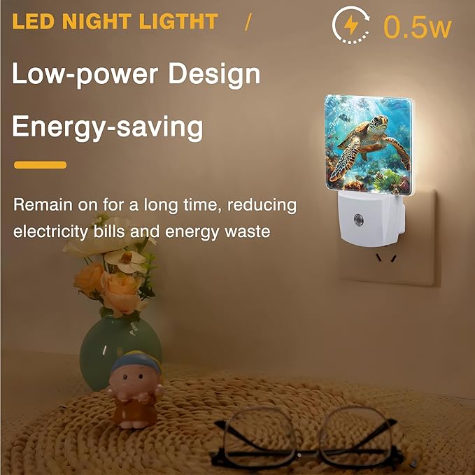 Sea Turtle Night Light, Ocean Themed Plug-in Nightlight with Dusk to Dawn Auto Sensor for Home Bedroom Hallway Kitchen 0.5W Sleep Friendly Led Lamp for Women Men