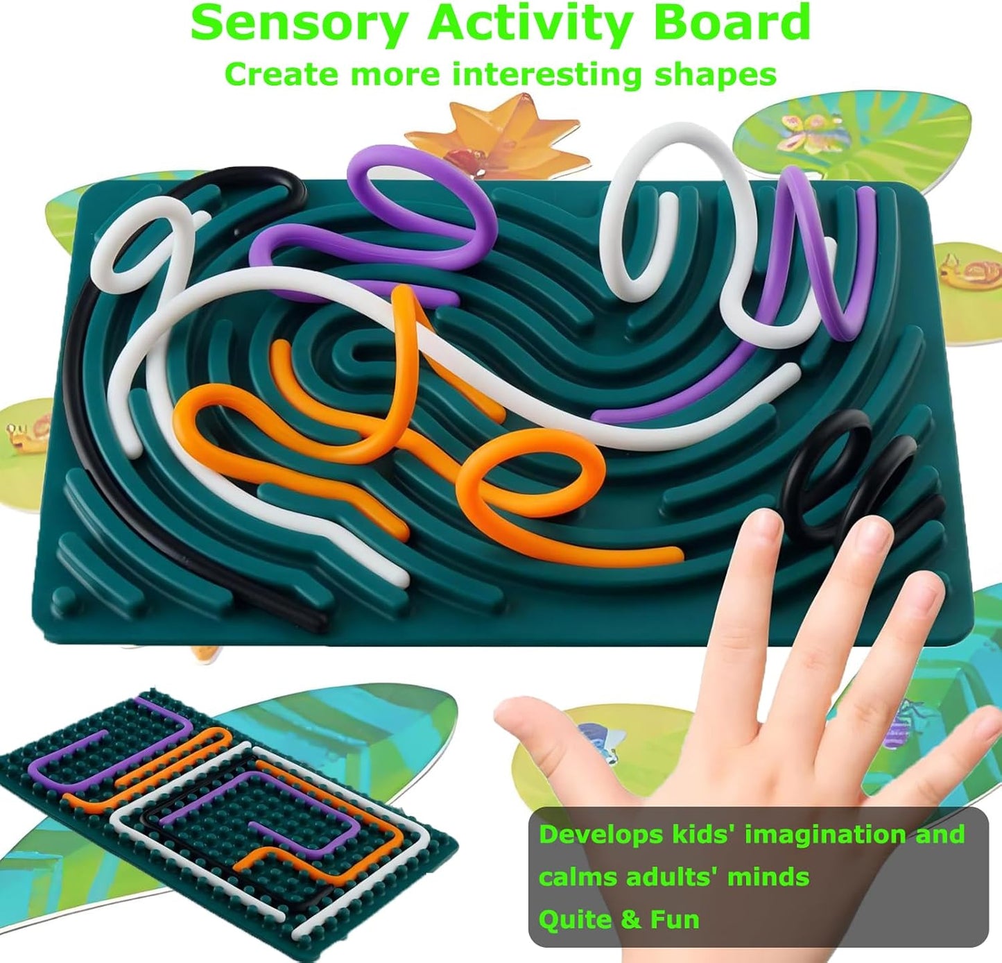 Sensory Activity Board, Silicone Fidget Toy Silent, No Mess for Calming/Stress/Anxiety/ADHD & Autism Kids & Adults, Travel Sensory Activity Board with Portable Storage Bag & 20 Strings