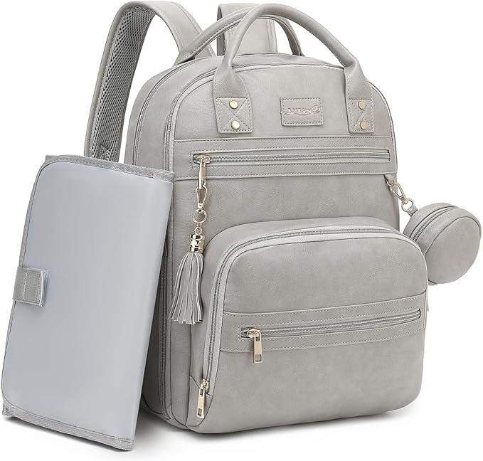 Premium Vegan Leather Diaper Bag Backpack with Waterproof Changing Pad, Reinforced Zippers & Odor-Free, 20 Pockets Pro Organizer, Fits 15.6" Laptop, Stroller Straps, Baby Bag for Mom, Grey