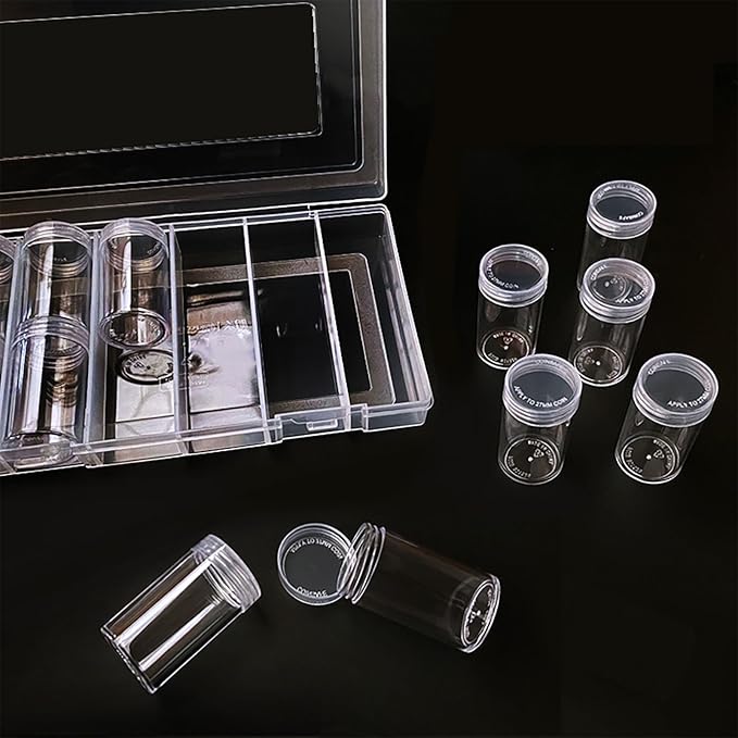 12 Pcs Round Plastic Coin Tubes with Box, Cent Nickel Dime Storage Tubes with Lid, Quarter Dollar Storage Holders Containers Coin Collecting Supplies
