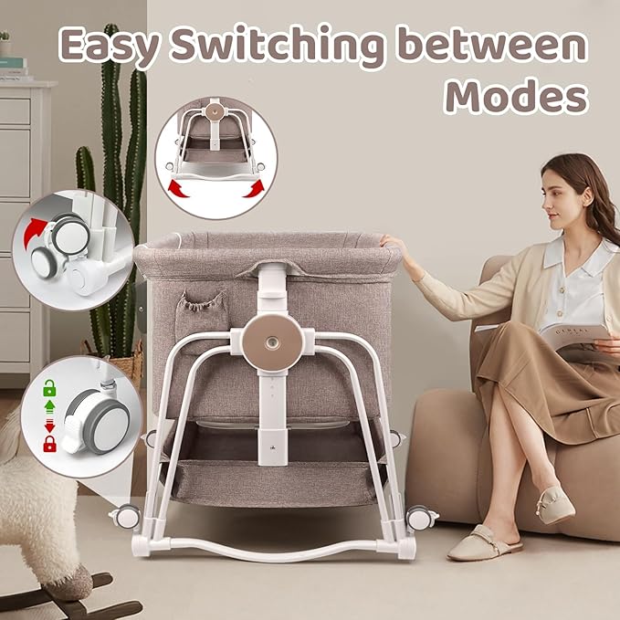 4 in 1 Baby Bassinet Bedside Sleeper, Rocking Baby Crib with Lockable Wheels, Storage, Mosquito Net and Matress Included, 7 Level Adjustable Bedside Bassinet for Baby Newborn(Khaki)