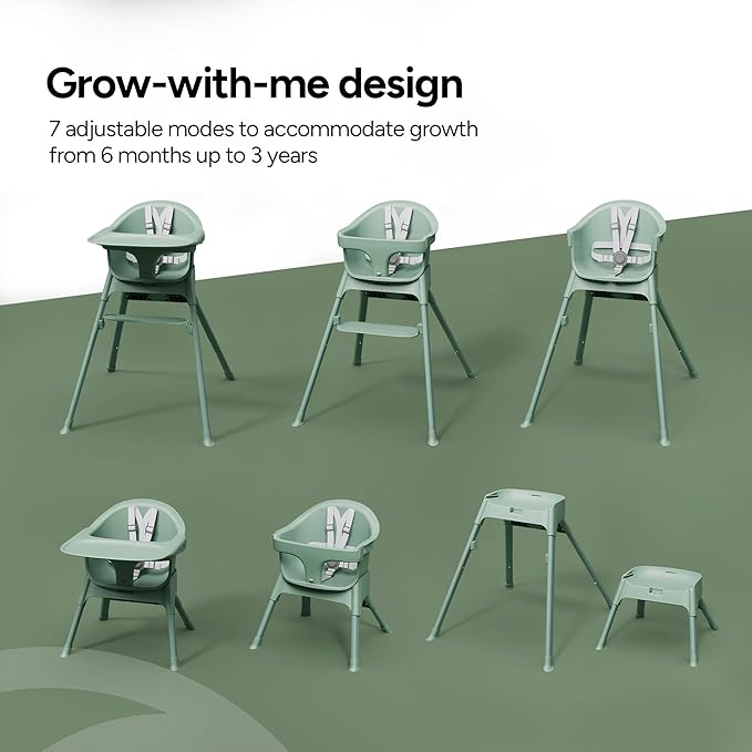 Mompush Olli 7-in-1 Convertible High Chair for Babies and Toddlers – Adjustable Height & Footrest, Dishwasher-Safe Tray, Compact Foldable Design for Easy Storage & Travel, Lightweight Yet Durable