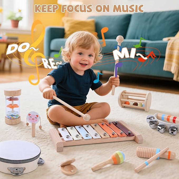 15 PCS Baby Musical Instruments Set, Toddler Musical Instruments Montessori Natural Wooden Percussion Instruments Music Toy Set with Wooden Puzzles, CPC Certified Music Toys for Toddlers 1-6