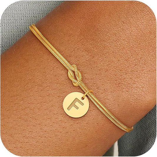 Gold Initial Bracelets for Women Girls - 18K Gold Plated A-Z Initial Bracelet Dainty Knot Bracelet Gold Bracelets for Women Teen Girl Gifts Trendy Stuff
