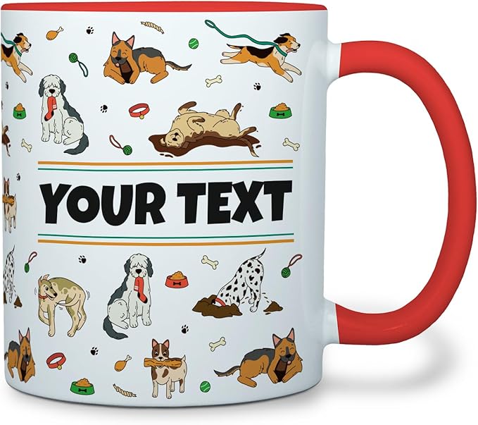 Personalized Mug for Kids - Dogs - Custom Name/Text, Ceramic Hot Chocolate/Cocoa/Coffee Cup for Boys/Girls, Birthday/Christmas/Holiday Gift - 11 oz, Red Handle