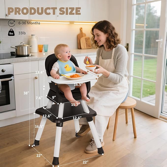 Baby High Chair, 8 in 1 Convertible Highchairs for Babies and Toddlers, Children Dining Booster Seat/Kids Building Block Table for Girls Boys, Baby Seat with Removable Tray, Black