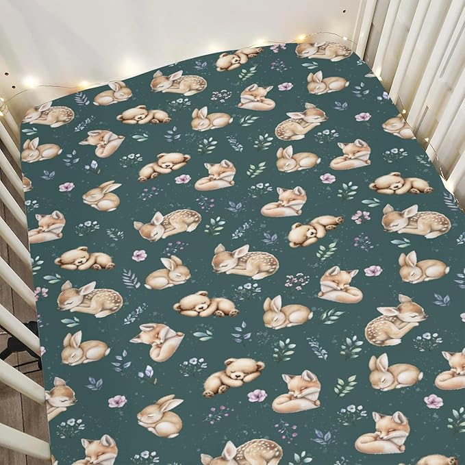 Sleeping Spring Animals Baby Crib Sheets Boy Girl 28"x52" Bear Deer Bunny Floral Leaves Soft Snug Fitted Crib Mattress Cover Cute Animals Baby Sheet for Standard Crib & Toddler Mattress