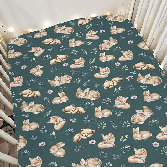 Sleeping Spring Animals Baby Crib Sheets Boy Girl 28"x52" Bear Deer Bunny Floral Leaves Soft Snug Fitted Crib Mattress Cover Cute Animals Baby Sheet for Standard Crib & Toddler Mattress