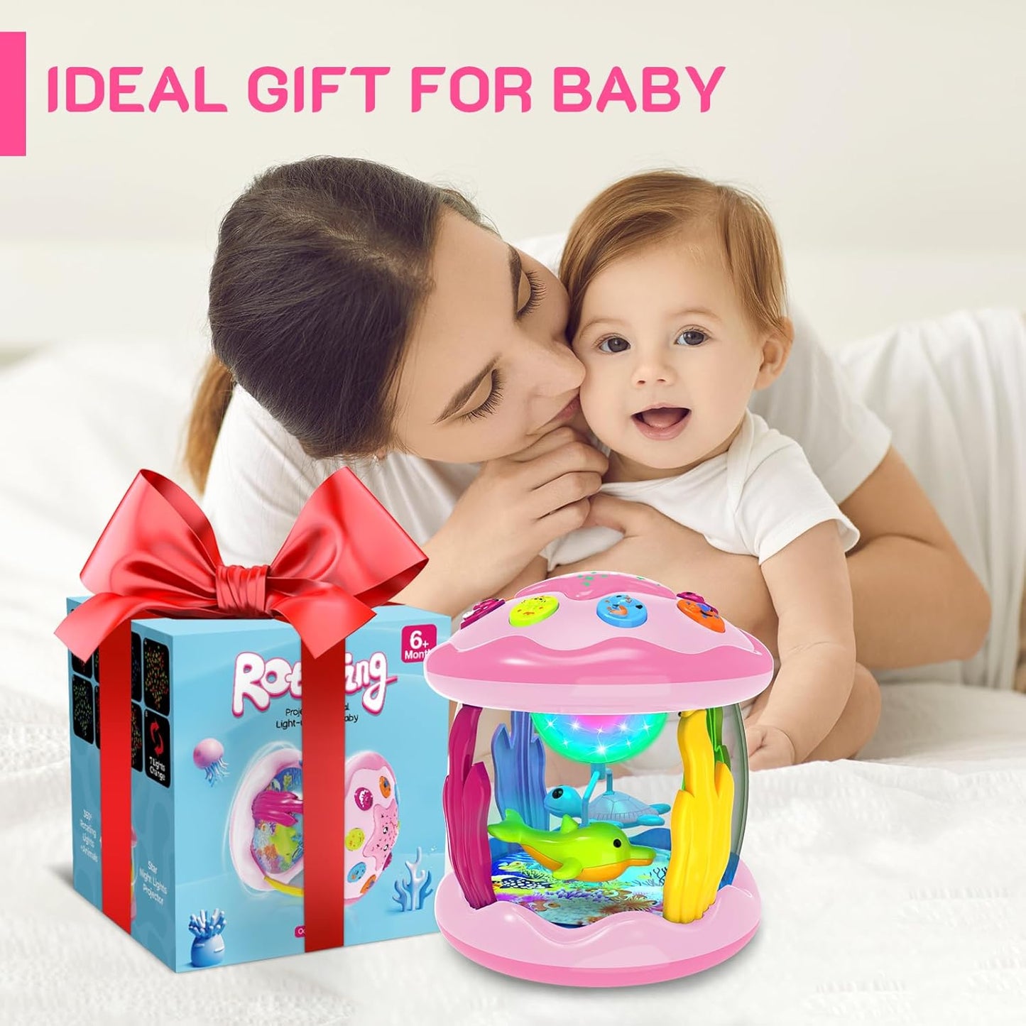 Baby Toys 6-12 Months - Musical Light Up Rotating Toys, Pink Ocean Projector for Infant 9-12-18 Month, Learning Visual & Hearing & Crawling Skill, Birthday Gifts for Toddler Boys Girls 1 2 3 Years Old