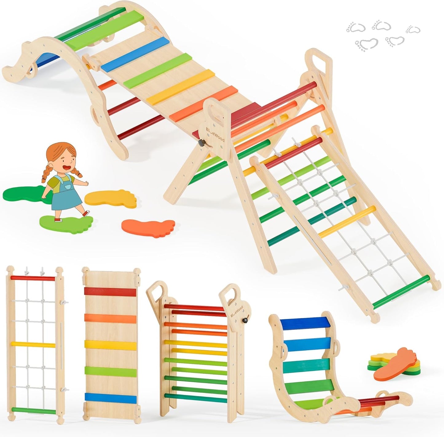 BlueWood 10-in-1 Pikler Triangle Set, Toddler Climbing Toys Indoor, Montessori Climber, Baby Jungle Gyms with Arch, Extra Rope Ladder & Footprint Balance Beam - Neon Aurora