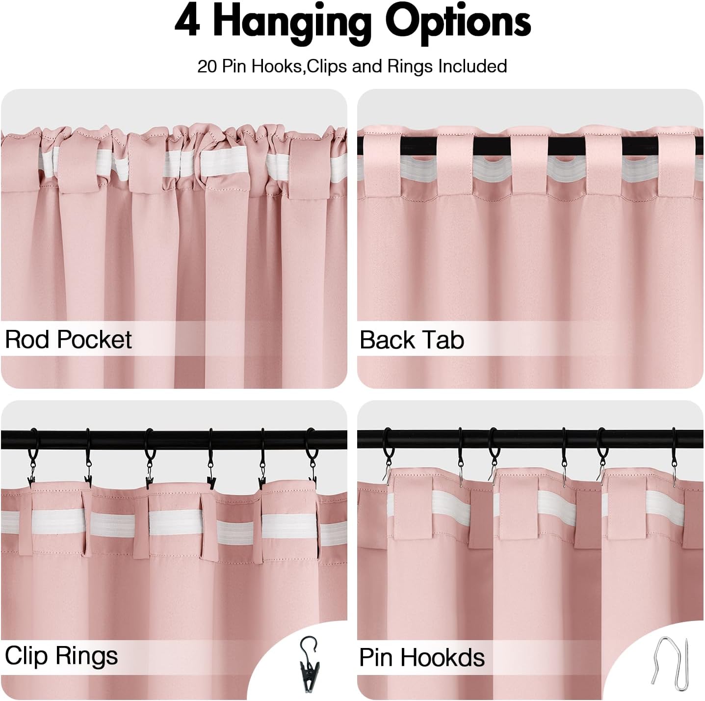 ANRODUO Light Pink Blackout Curtains for Girls Bedroom Living Room 96 Inches Long 2 Panels, Back Tab Rod Pocket Pinch Pleated Thermal Insulated Room Darkening Curtains, 52 x 96 Inch