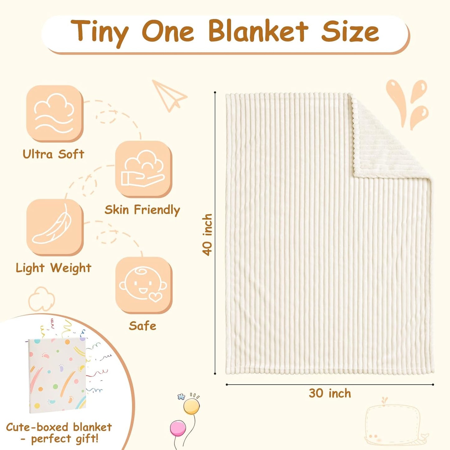 Soft Fleece Baby Blanket Ultra Cozy Baby Blankets for Boys Girls Warm and Lightweight Infant Toddler Newborn Receiving Gift with Reversible Stripes for Crib Stroller, 30x40 Inch, Cream