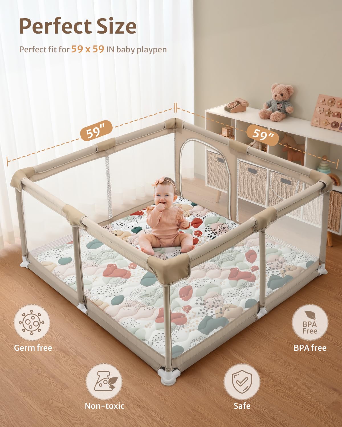 Blissful Diary Baby Play Mats for Floor, 59x59 Inch Thicker Foam Playmats for Babies and Toddlers, Soft Cushioning Baby Playpen Mat, Modern Abstract