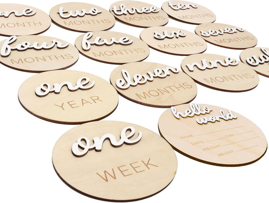 3D Wooden Monthly Milestone Cards, Baby Monthly Milestone Marker Cards, Newborn Memento Milestone to Document Baby's Growth, Pregnancy Journey Sign -incl Announcement & Hello World Sign.