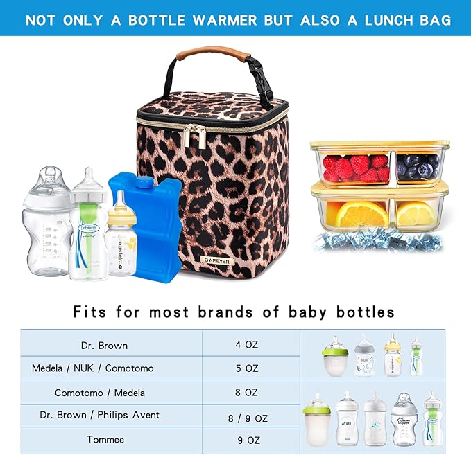 BreastMilk Cooler Bag with Ice Pack Fits 4 Baby Bottles Up to 9 Ounce, Baby Bottle Bag for Nursing Mom Daycare-Leopard Print