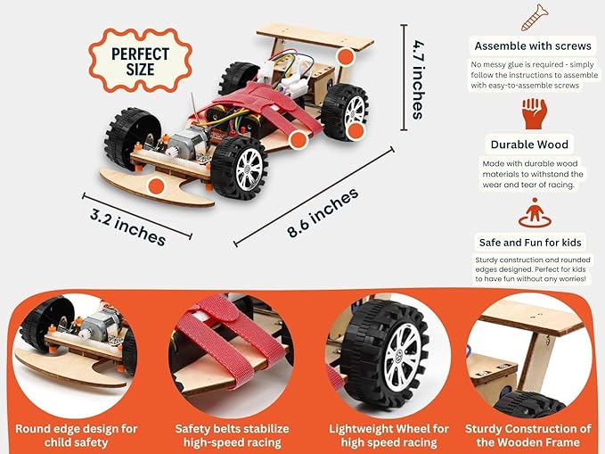 Wooden Wireless Remote Control F1 Racing Car Science Kit to Build (Red), STEM Project for Kids aged8 9 10 11 12 13, Science Building Kit Gift for Boys and Girls