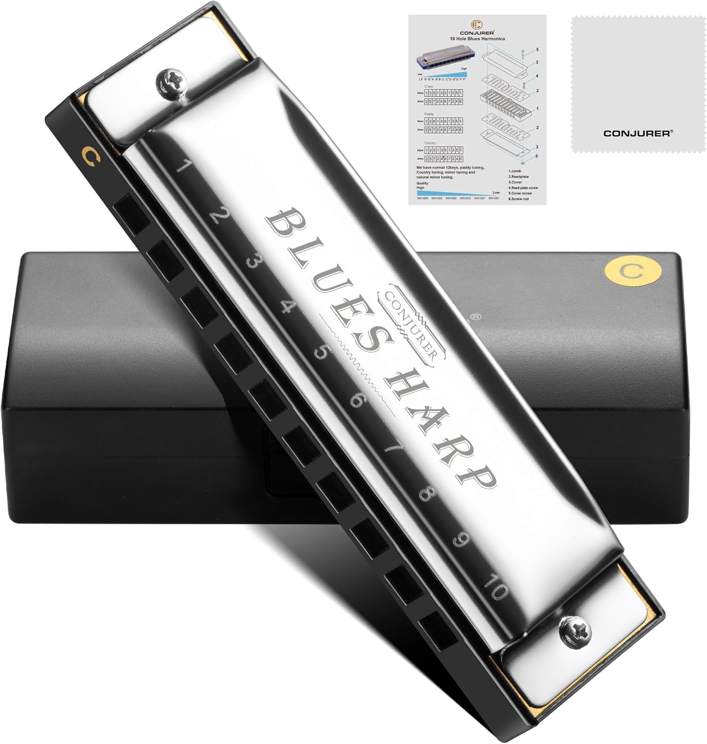 CONJURER Blues Harmonica for Beginners, 10 Hole C Key Diatonic Blues Harp with Stainless Steel Cover & Phosphor Bronze Reeds, Professional Grade for Adults, Gifts (Silver C)