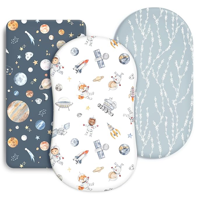 GRSSDER Stretchy Ultra Soft Fitted Bassinet Sheets 3 Pack, Universal Fit for Baby Cradle Moses Basket Oval Rectangle Mattress Safe and Snug, Space Print