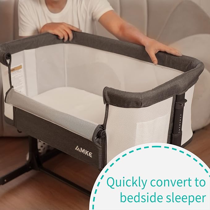 AMKE Baby Bassinet Bedside Sleeper, Portable Bassinet with Wheels, 6-Height Adjustable & Fold Down Side, Full Breathable Mesh Bedside Crib for Baby with Mattress Pad, Easy to Install, Dark Grey