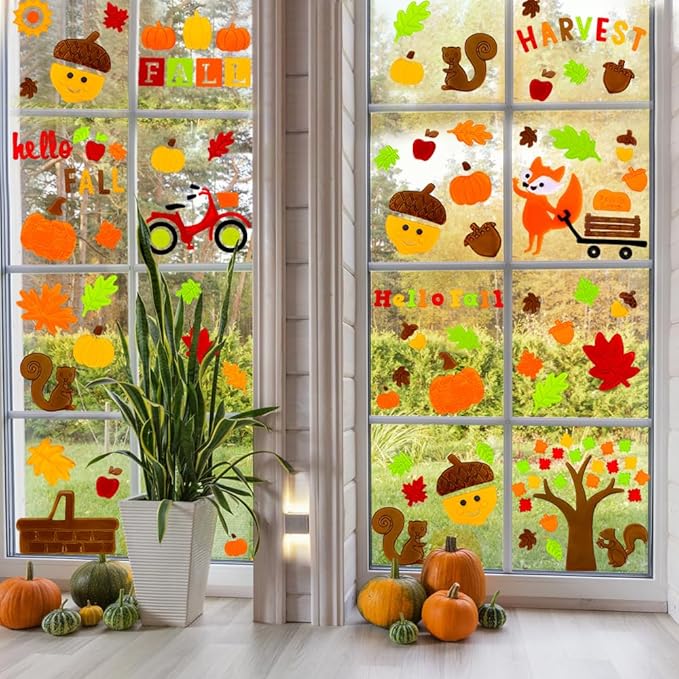 XIMISHOP 6sheet Fall Gel Window Clings, Maple Leaf Harvest Pumpkin Fox Thanksgiving Gel Window Stickers Decoration Decals for Halloween Window Decor
