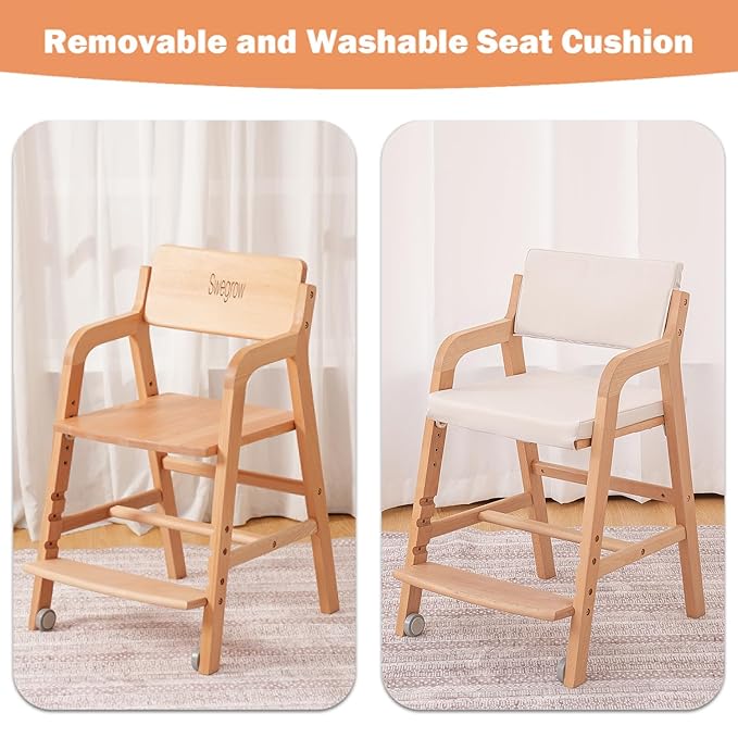 Swegrow Wooden High Chair with 2 Wheels, Adjustable Seat - Backrest - Footrest Heights, Wooden High Chair for Toddlers - Kids and Baby, Kids Dining Chair with Removable Cushion(Beige)