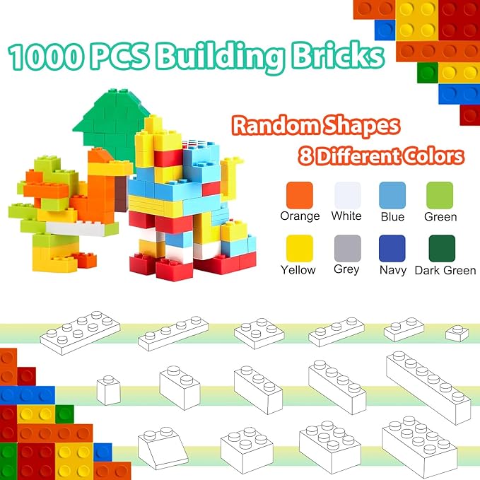 1000PCS Building Bricks, Bulk Classic Building Blocks Set for Boys Compatible with All Major Brands