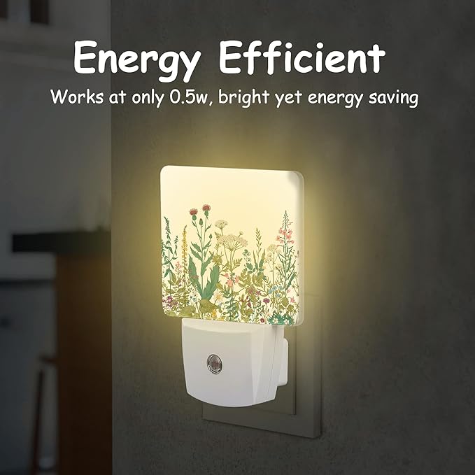 Vintage Wildflower Herbs Plug Night Light,Botanical Floral Night Light Lamp Auto Sensor Energy Efficient Dusk to Dawn Lights for Girls Boys Women Room Decor,Hallway,Kitchen,Bathroom,Nursery,Stairs