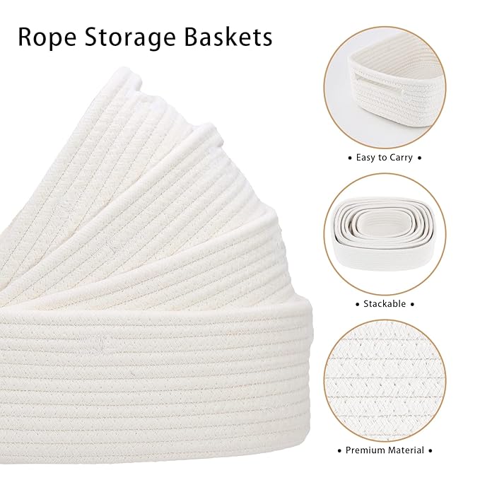 7 Piece Cotton Rope Woven Basket Set - Small Basket for Baby Nursery, Pets, Montessori, Dog & Cat Toy Boxes, Bathroom Organization Bins (White)