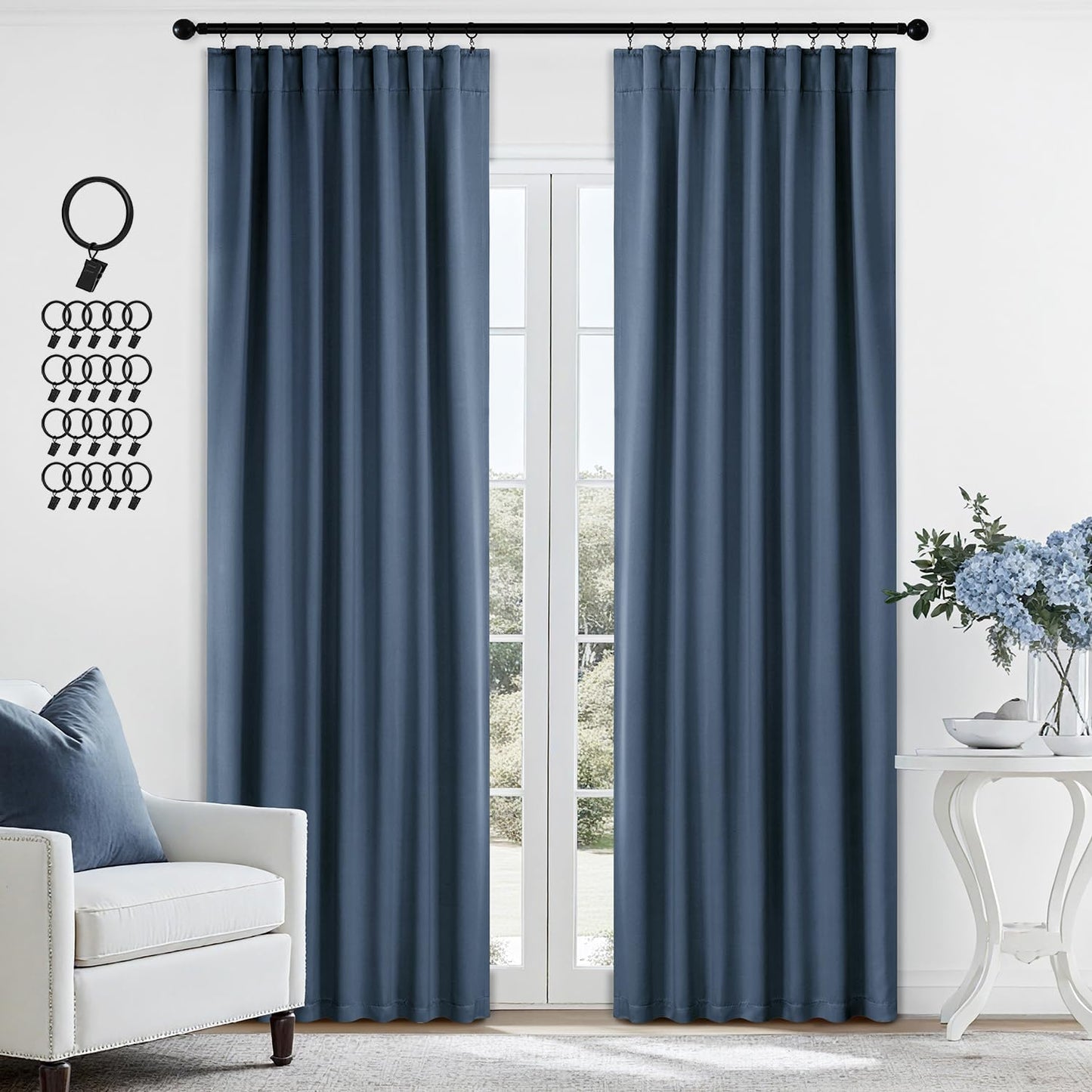 ANRODUO Back Tab Blackout Curtains for Bedroom Living Room, Rod Pocket Pinch Pleated Thermal Insulated Room Darkening Curtains 90 Inches Long 2 Panels, Stone Blue, 42 x 90 Inch