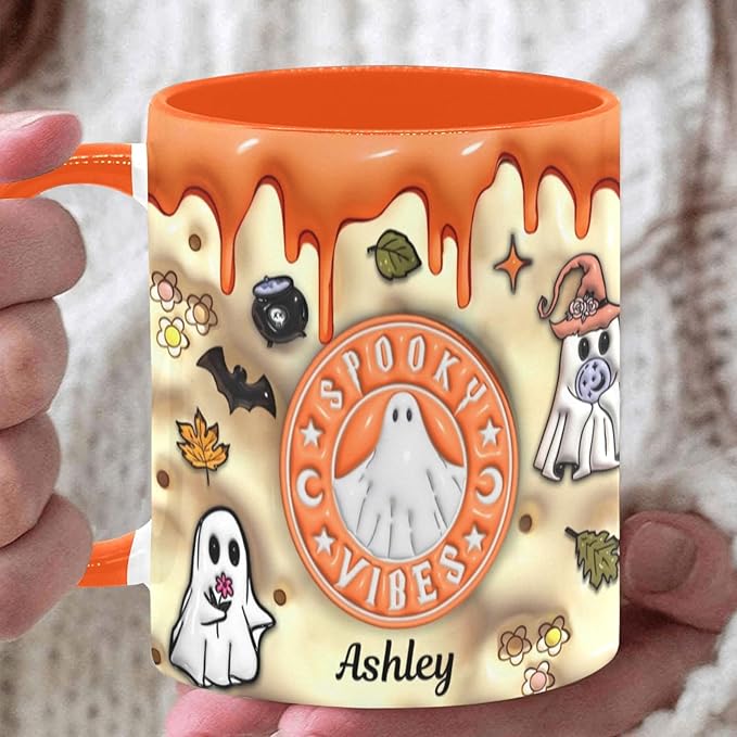 Personalized Halloween Mugs with Names, Halloween Pumpkin Coffee Mug, Custom Ghost Accent Mug Spooky Halloween Gifts For Women Men Friends Family Spooky Season Gift Fall Mug 11 Oz