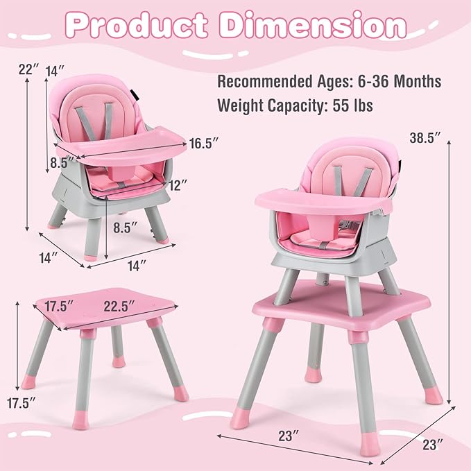 KOTEK Baby High Chair, 8 in 1 Convertible Highchairs for Babies and Toddlers, Building Block Table, Booster Seat, Toddler Chair with Removable Tray, Safety Harness, Dual Cushions (Pink)