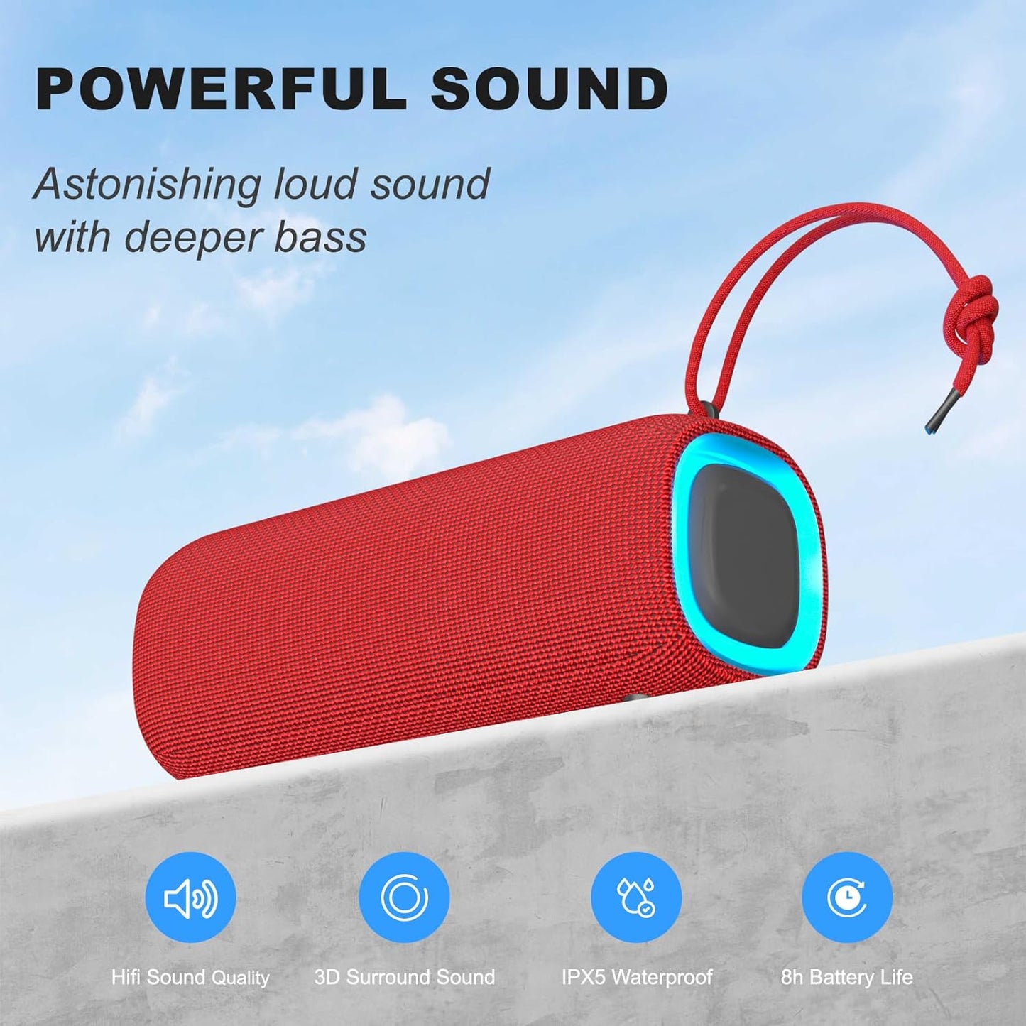 Bluetooth Speaker, Portable Wireless Clear Loud Stereo Sound IPX5 Waterproof with RGB Lights BT5.3 Long Playtime TWS Pairing,for Home Party Outdoor Beach,Great Gift Choice (Red)