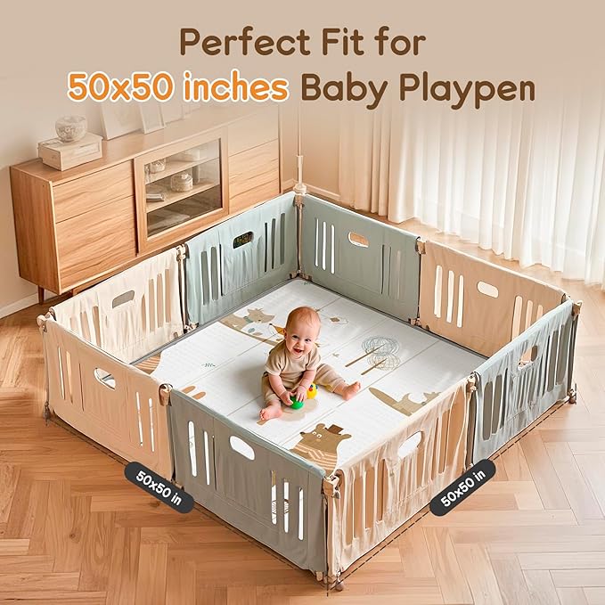 Foldable Baby Play Mat, PIGLOG Waterproof Playmats for Babies and Toddlers Kids, Safe Foam Playmat for Tummy Time, 50x50 Playpen Mat, Reversible Portable Baby Floor Mat for Infant, Toddler, Bear