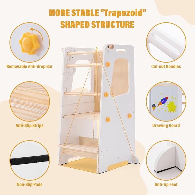 Toddler Standing Tower, Toddler Step Stool with White Board&Convertible Table and Chair, Kitchen Stool Height Adjustable with Safety Rail, Helper Tower for Kids Cooking