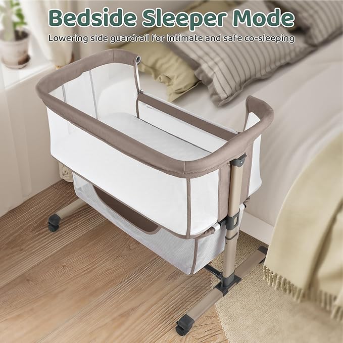 Cowiewie Bassinet Bedside Sleeper, Portable, Breathable, Adjustable Baby Bedside Bassinet for Peaceful Nights, Khaki