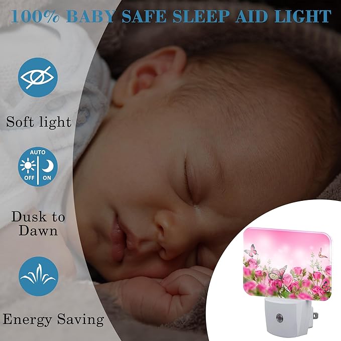Beautiful Pink Roses Plug in Night Lights, Pink Butterfly Nightlight Plug Into Wall Dusk to Dawn Sensor for Kid Girls Boys Women Men Room, Hallway, Kitchen, Bathroom, Stairs Decor