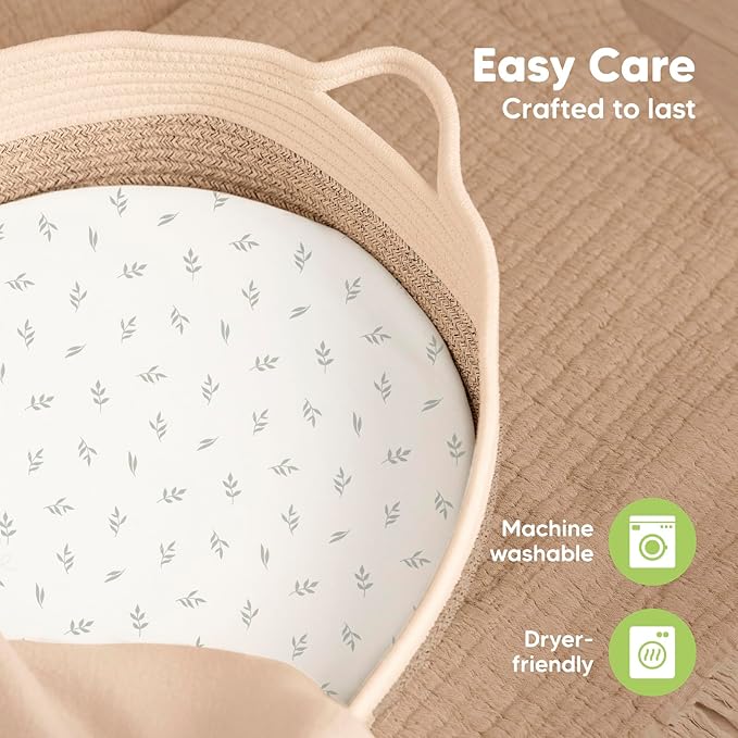 2-Pack Baby Bassinet Sheets Girl, Boy - 33x17 Viscose Derived from Bamboo Bedside Mattress Fitted Bassinet Sheets, Compatible with Halo Bassinest Swivel Sleeper, Baby Delight, Graco (Herb)