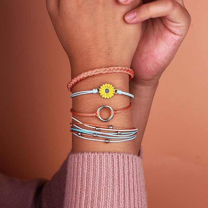 FANCY SHINY Sunflower String Bracelet Boho Braided Rope Wrap Bracelets Cute Summer Beach Surfer Jewelry for Women Christmas Gifts