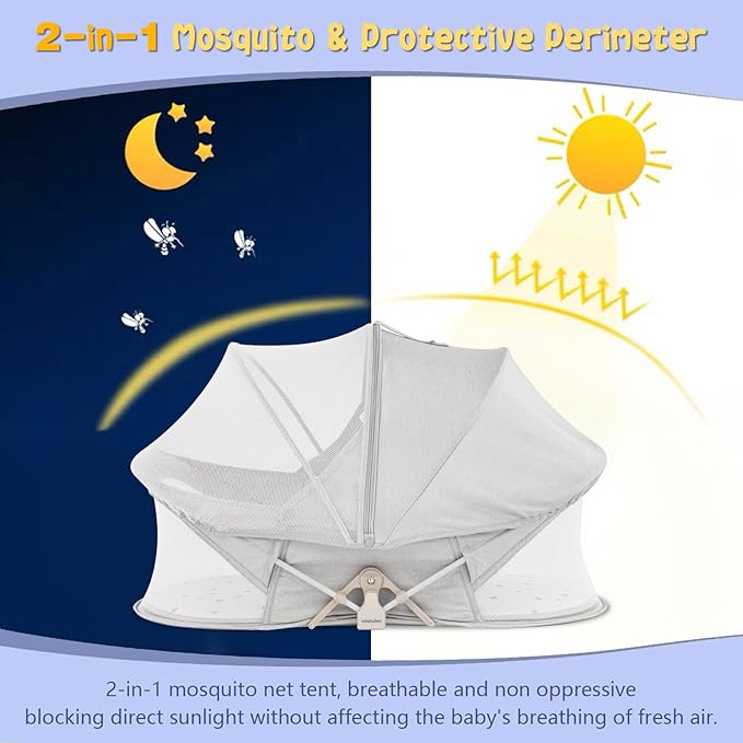 Portable Baby Bassinet Travel Baby Bed included Carry Backpack , Baby Cribs Travel Pod for Outdoors Baby Lounger Infant Travel Bed with Mosquito Net and Sunshade Canopy, Lightweight Washable Foldable