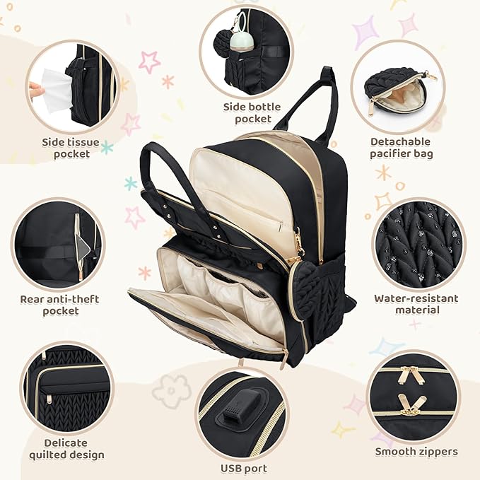 CandyHome Diaper Bag Backpack, Stylish Travel Baby Diaper Bags with Changing Pad, Insulated Pockets, Waterproof Baby Bag Converts into Tote Bag, Diaper Backpack, Stroller Bag (Black)