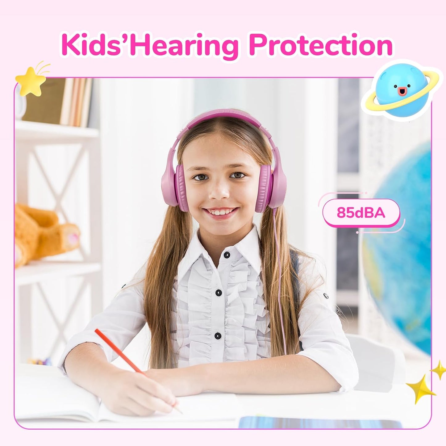 EarFun K3 Kids Headphones, Over Ear Headphones for Kids, Volume Limit, HD Stereo Sound, USB-C Cable, Comfortable Fit, Foldable Wired Headphones for School/Travel/Boys/Girls/Tablet/iPad, Pink