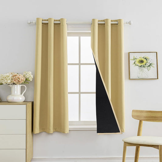 Anytime 100% Blackout Curtain Set, Thermal Insulated & Energy Efficiency Window Draperies for Guest Room, Full Shading Panels for Shift Worker and Light Sleepers（Beige, 2 Panels, 37W x 63L）