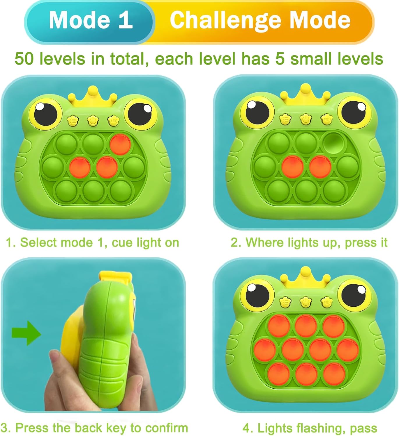 Pop Quick Push Game Console Fidget Toys Light Up Handheld Puzzle Press Popping Toy for Kids Adult Cute Green Frog