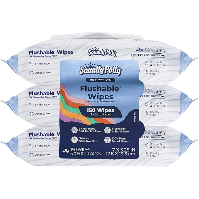 Squatty Potty Flushable Wipes - 3 Pack (150 Total Wipes) - 99% Water & Plant-Based - Green Tea, Cucumber & Aloe Spa Scent - pH Balanced - Septic Safe Adult Wet Wipes