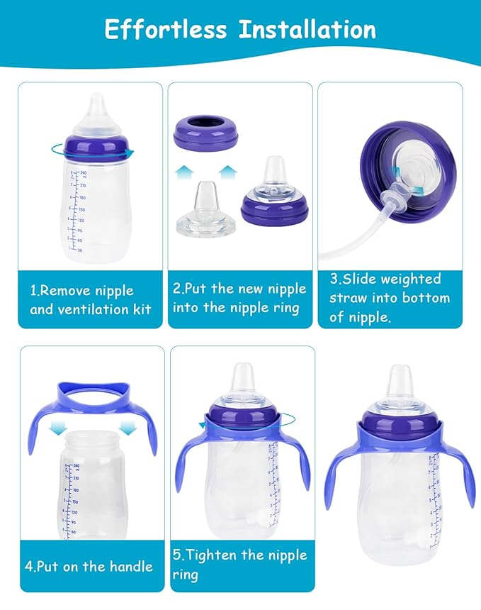 Sippy Cup Soft Spout Conversion Kit for Lansinoh Baby Bottle, Toddler Transition Kit with Silicone Sippy Spout Nipple, Weighted Straw, Bottle Handle, Cleaning Brush, 3 Pack, 6m+